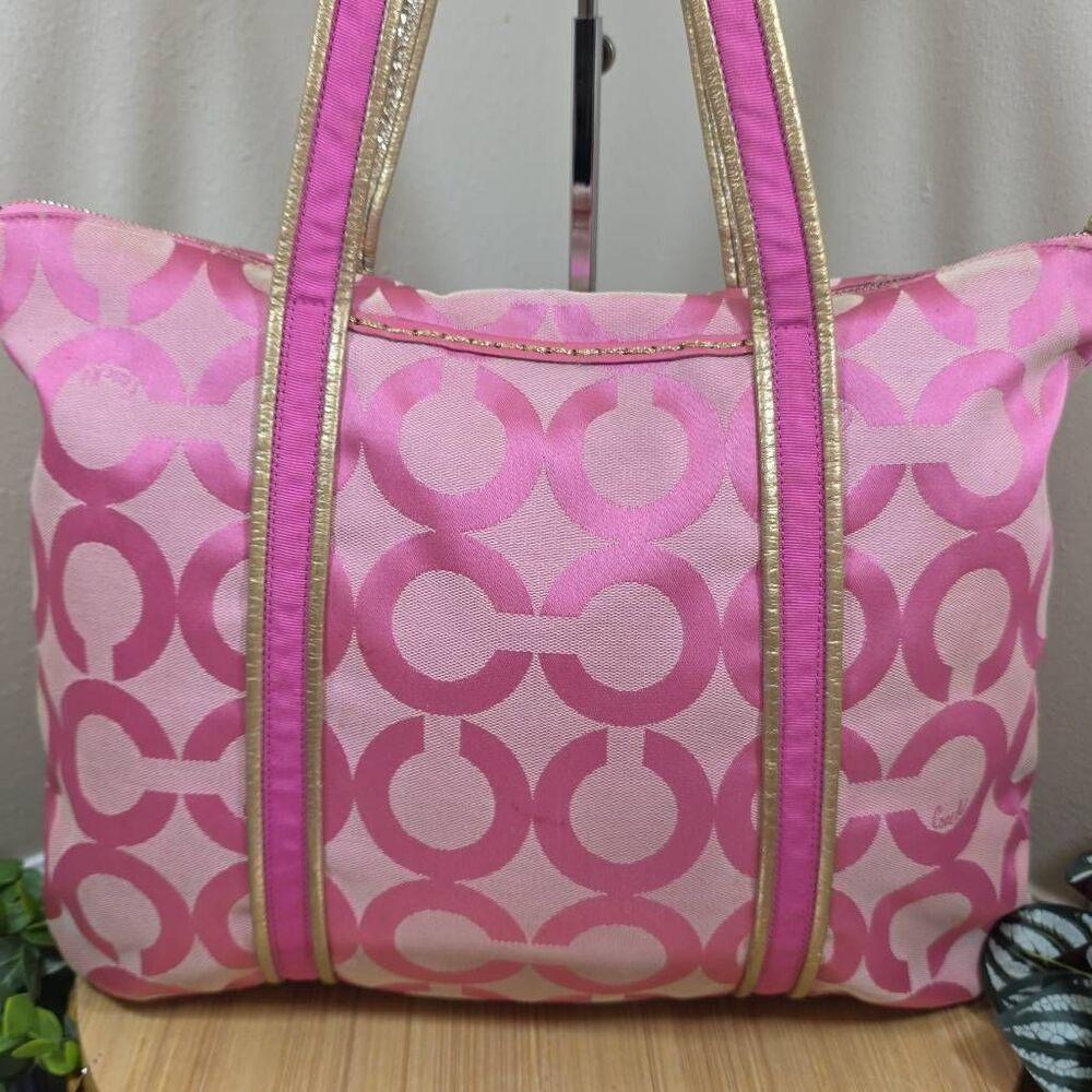 Coach RARE Poppy Pink/Gold OP Art Glam Tote Bag - Picture 7 of 15